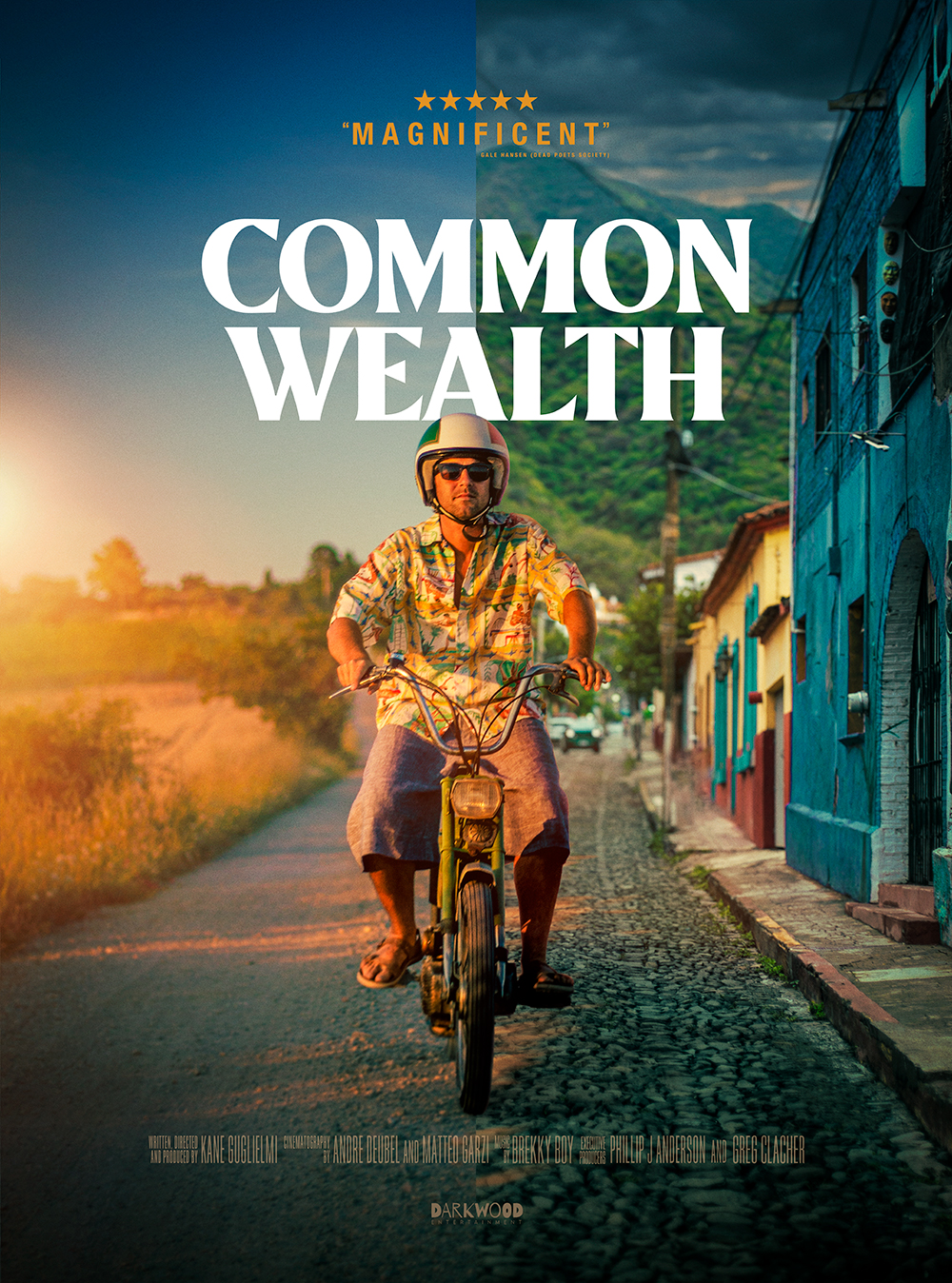 Common Wealth film poster: a man in a helmet and floral shirt rides a moped down a cobbled street